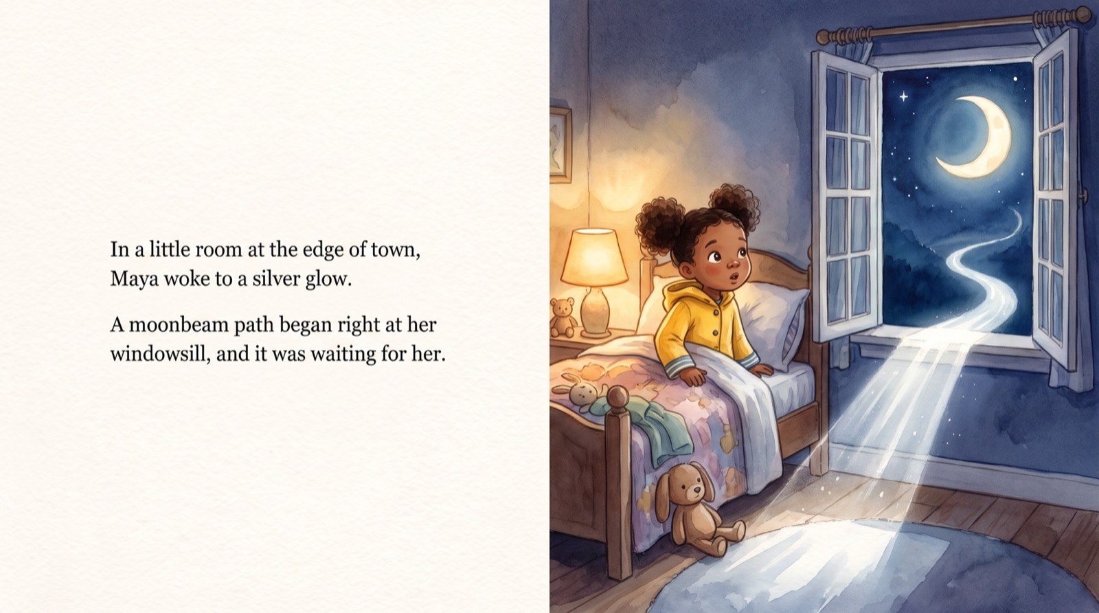 First spread: Maya wakes to a moonbeam path at her windowsill