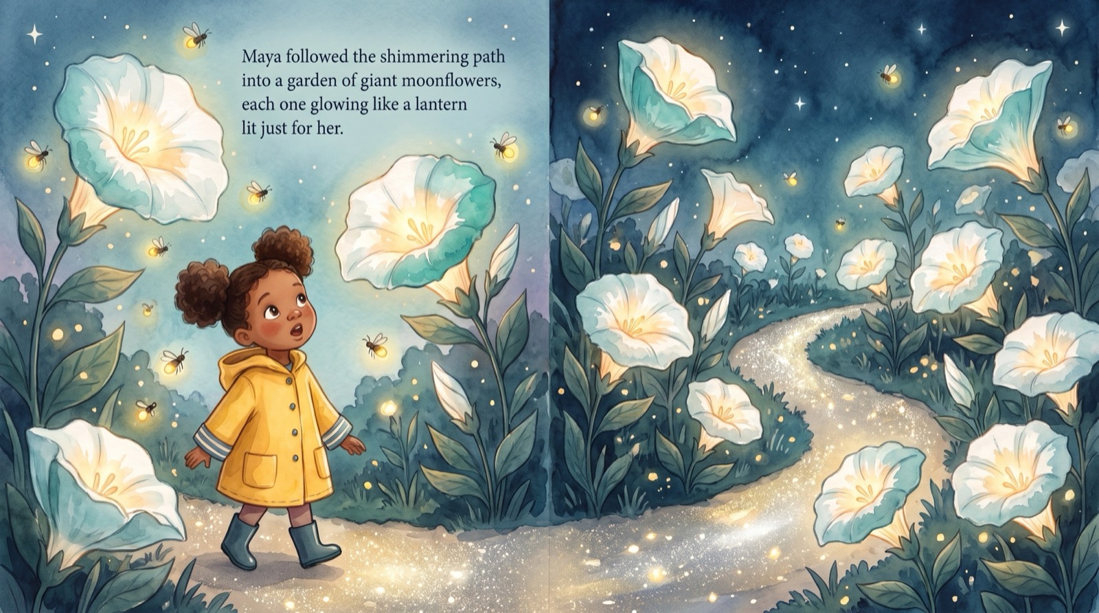 Second spread: Maya walks a shimmering path through a garden of giant moonflowers