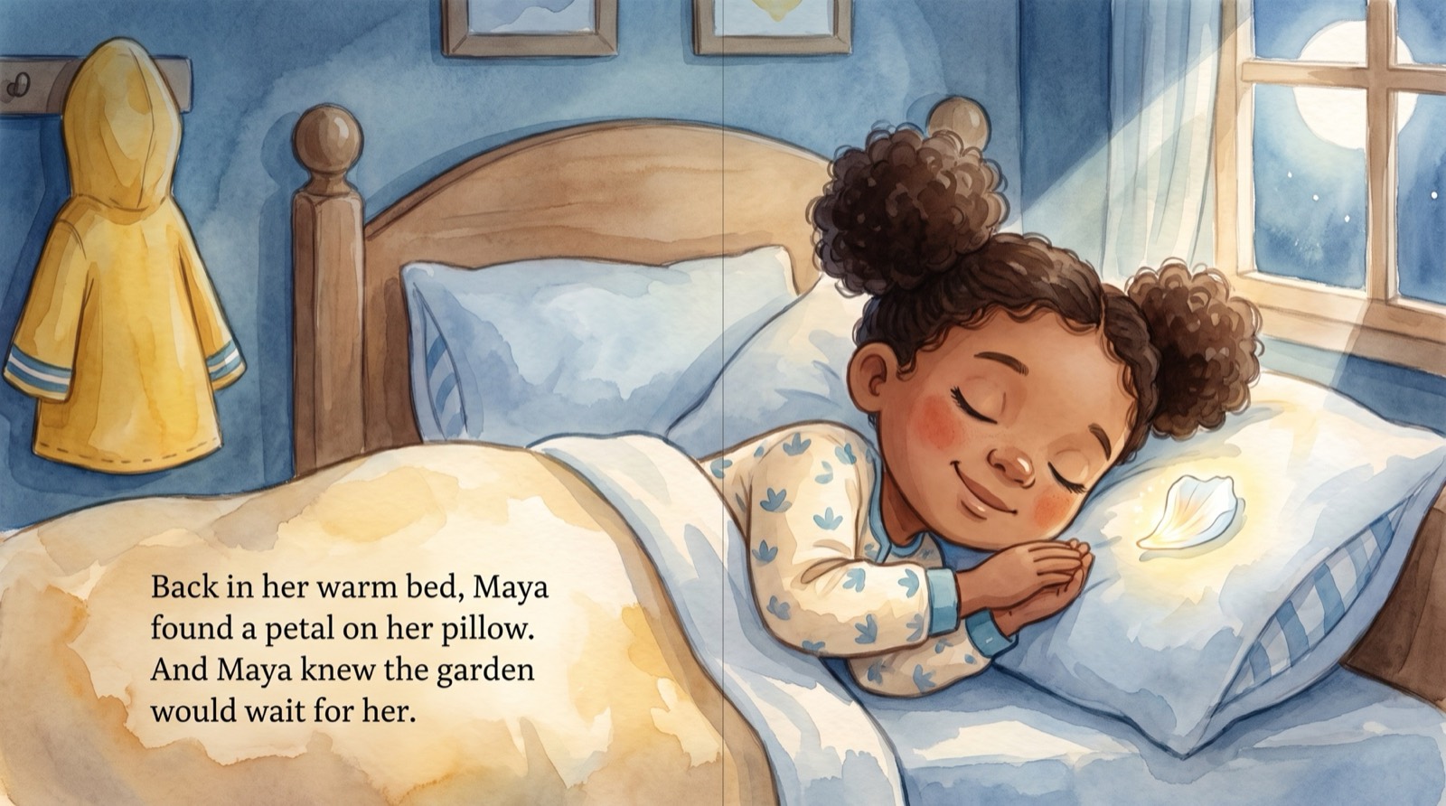 Third spread: Maya back in bed with a moonflower petal on her pillow